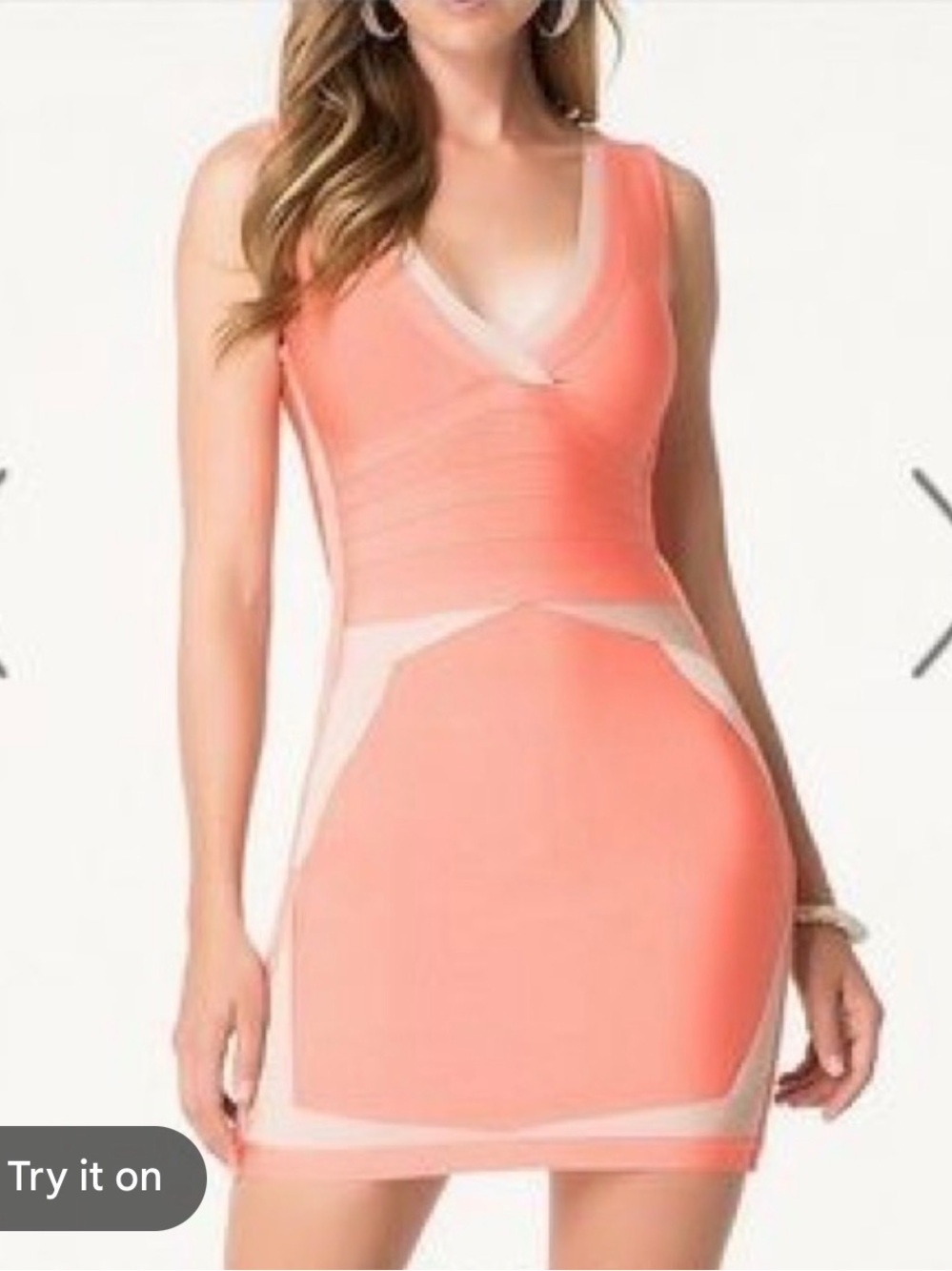 bebe Coral and Beige V-Neck Mini Bandage Dress